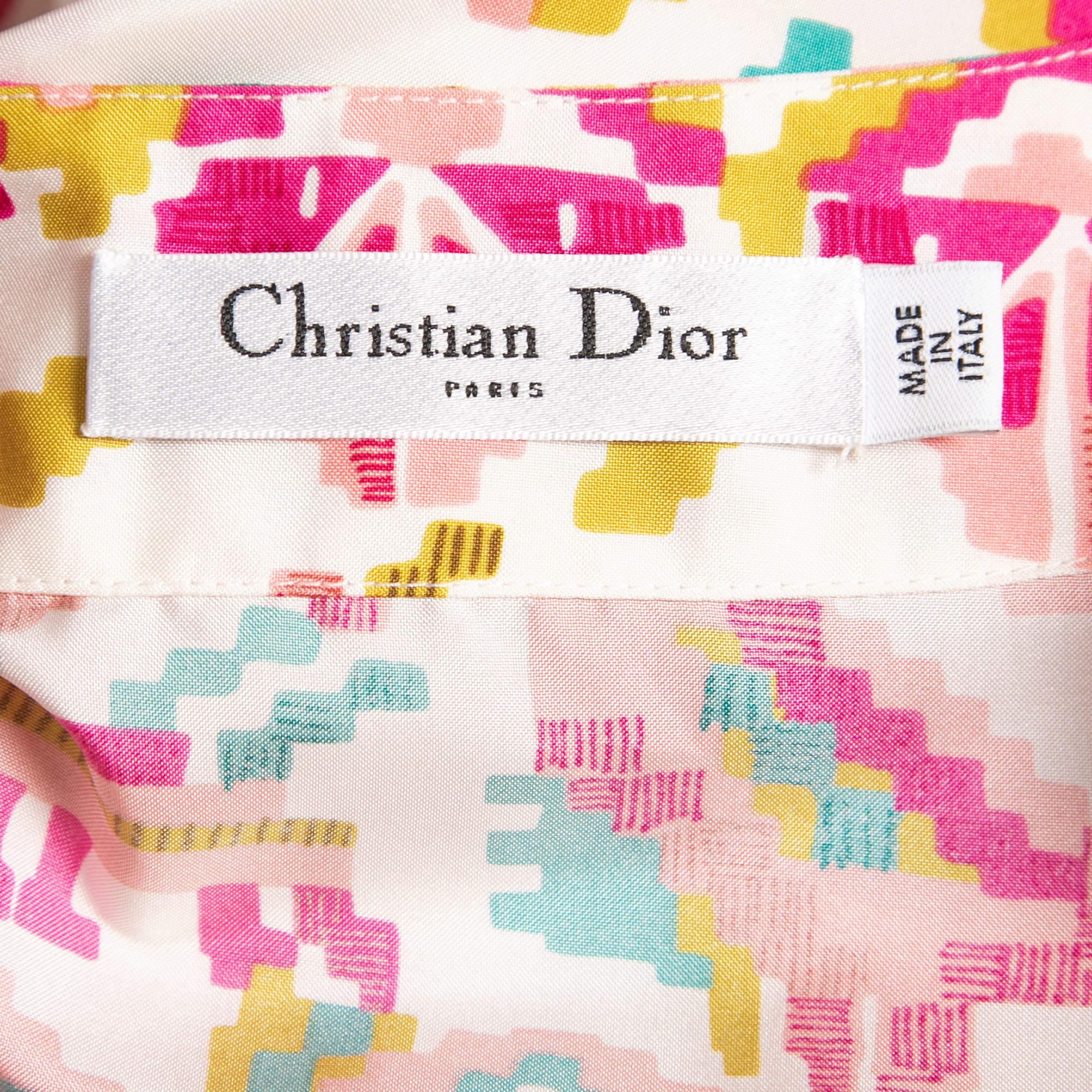 Dior Pink Printed Silk Peplum Blouse L For Sale 1