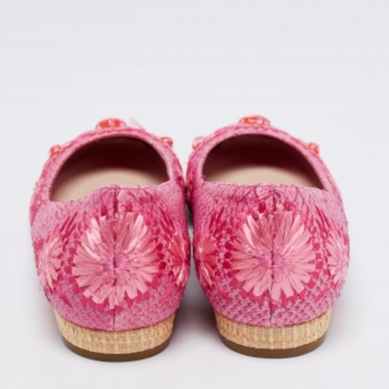 Dior Pink Python Leather Floral Raffia Ballet Flats Size 40.5 For Sale 1