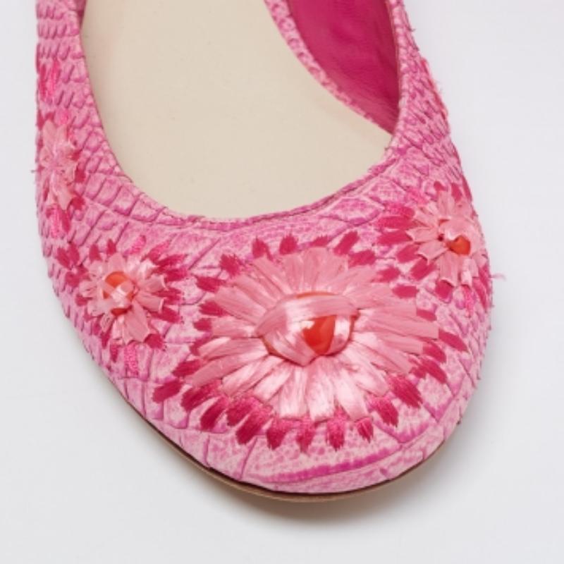 Dior Pink Python Leather Floral Raffia Ballet Flats Size 40.5 For Sale 2