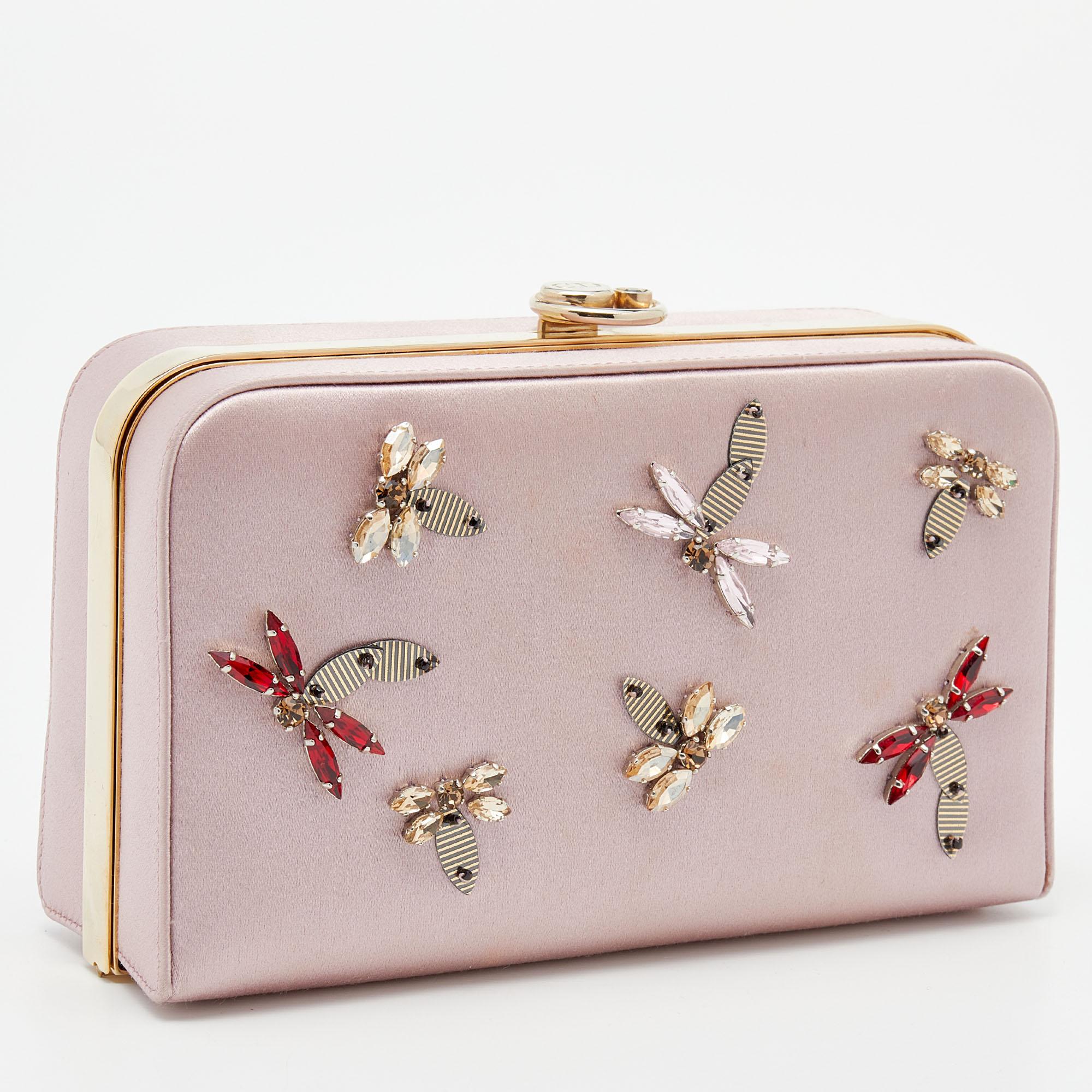 Dior Pink Satin Bee Crystal Embellished Clutch In Good Condition In Dubai, Al Qouz 2