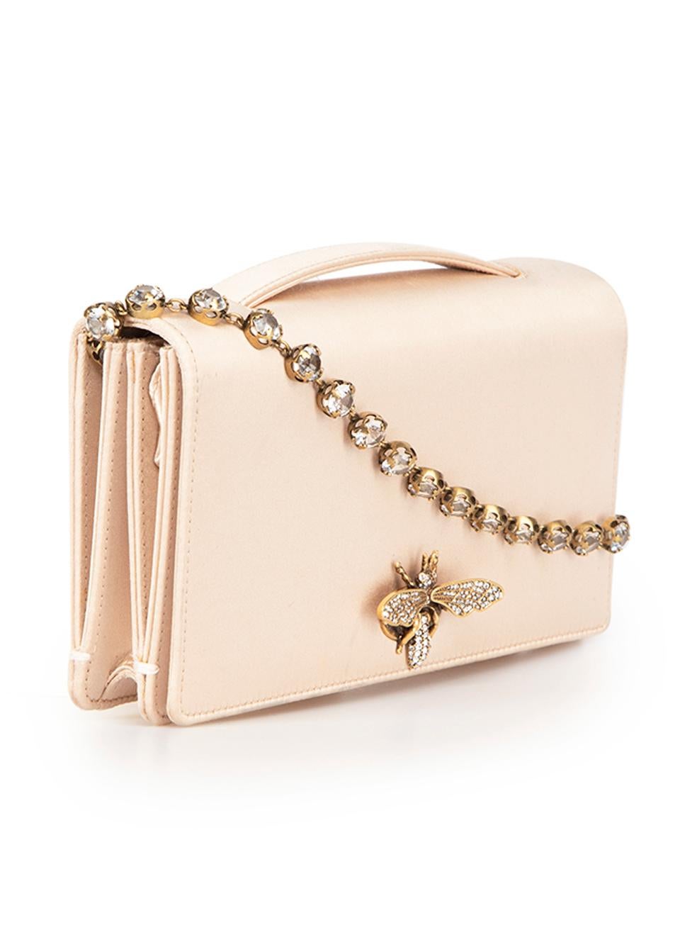 CONDITION is Good. Minor wear to bag is evident. Light wear to the front, back, top and lining with discoloured marks to the silk on this used Dior designer resale item.
 
 Details
 D-Bee model
 Pink
 Satin
 Mini clutch bag
 1x Gemstone chain