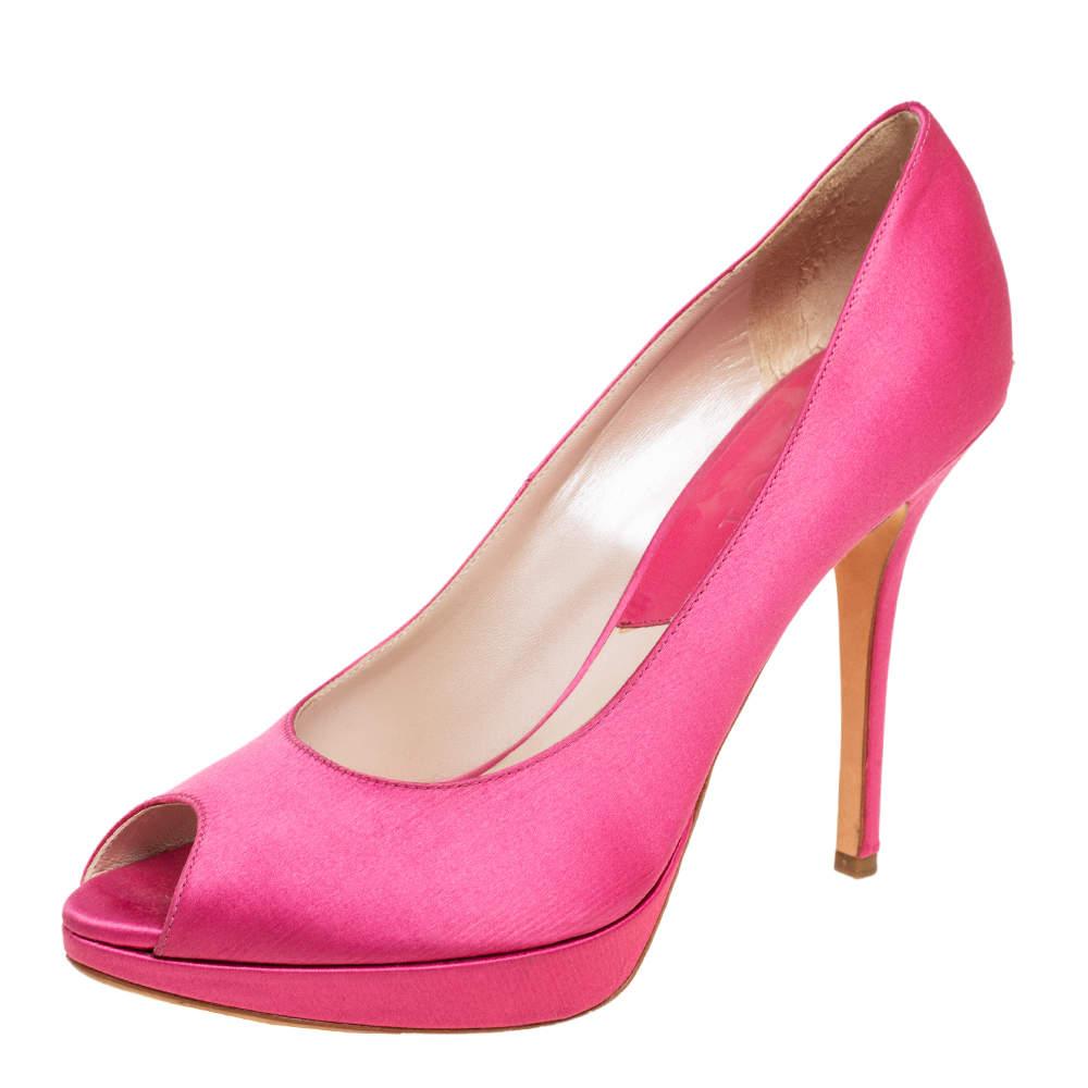 Dior Pink Satin Miss Dior Peep Toe Pumps Size 40.5 In Good Condition For Sale In Dubai, Al Qouz 2