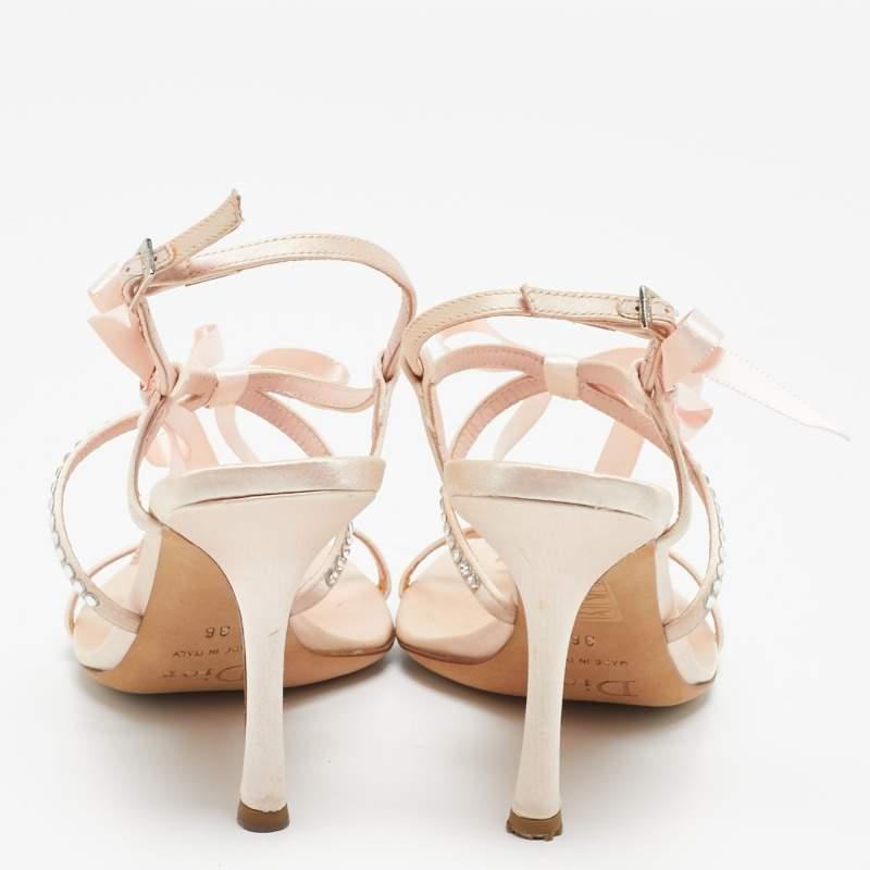 Beige Dior Pink Satin Rose Chain Ankle Strap Sandals Size 36