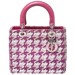 Christian Dior Rosa/Silber Tweed und Leder Medium Lady Dior Tote