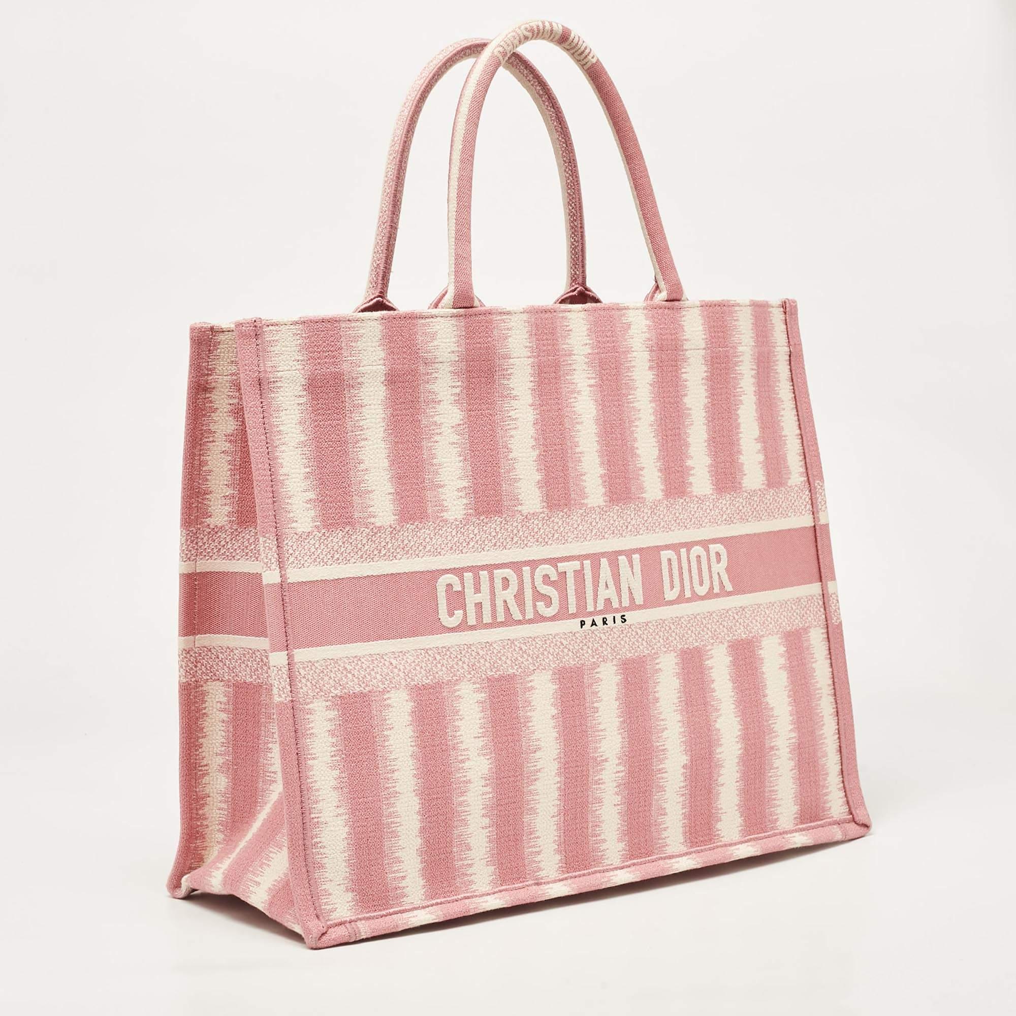 Beige Dior Pink/White Canvas Large Stripe Book Tote For Sale