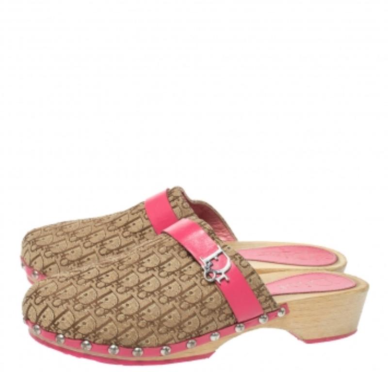 Brown Dior Pink/White Diorissimo Canvas And Leather Trim Clog Mules Size 34 For Sale