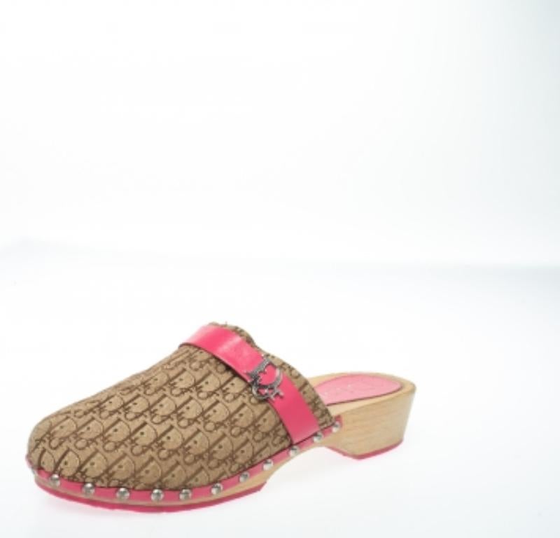 Dior Pink/White Diorissimo Canvas And Leather Trim Clog Mules Size 34 For Sale 3