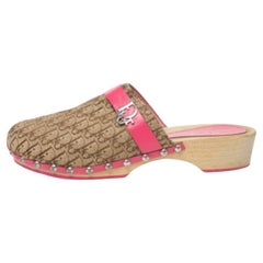 Dior Pink/White Diorissimo Canvas And Leather Trim Clog Mules Size 34