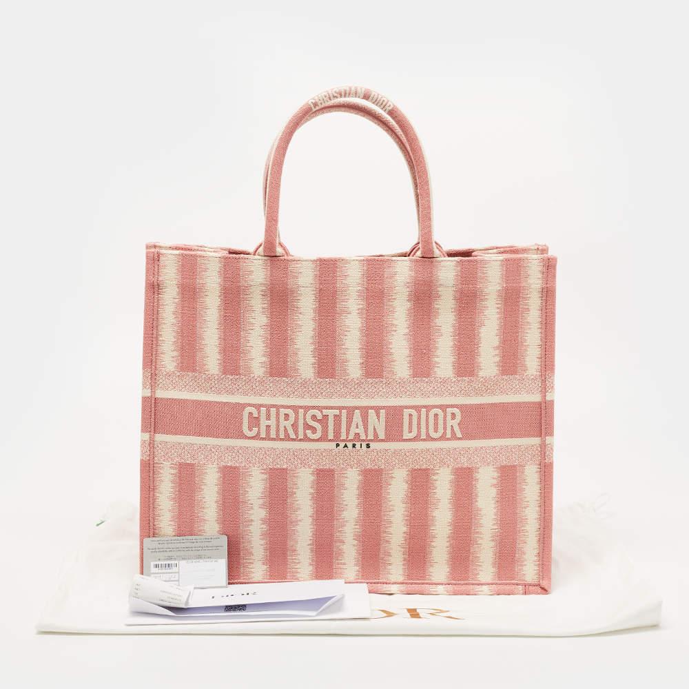 Dior Pink/White Embroidered Canvas D-Stripe Book Tote 8