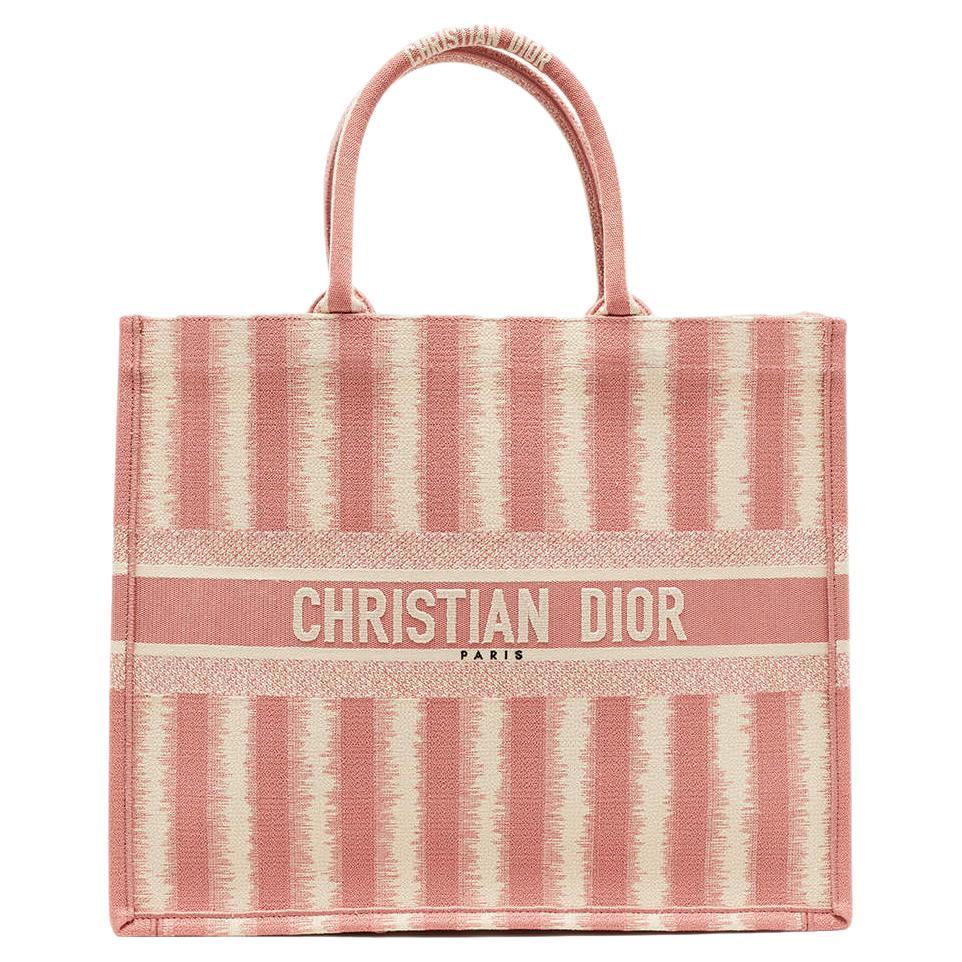 Dior Pink/White Embroidered Canvas D-Stripe Book Tote