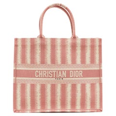 Dior Pink/White Embroidered Canvas D-Stripe Book Tote