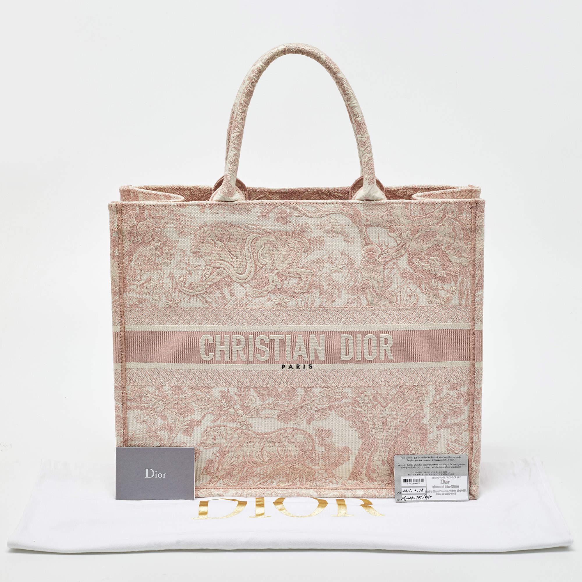 Dior Pink/White Embroidered Canvas Large Toile de Jouy Book Tote 8