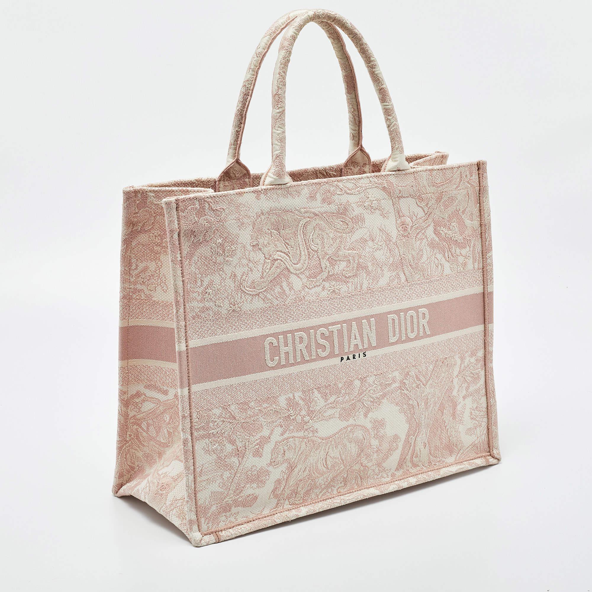 Beige Dior Pink/White Embroidered Canvas Large Toile de Jouy Book Tote