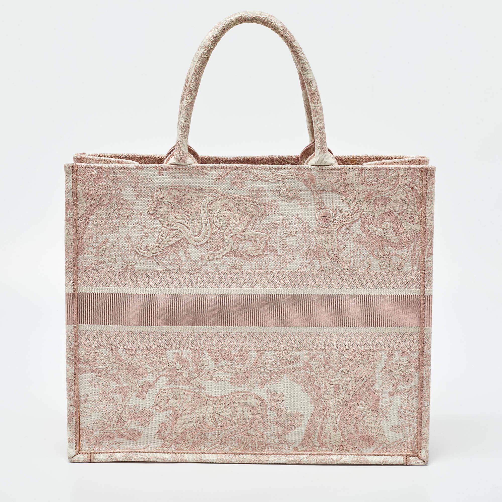 Women's Dior Pink/White Embroidered Canvas Large Toile de Jouy Book Tote
