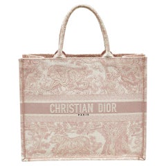 Used Dior Pink/White Embroidered Canvas Large Toile de Jouy Book Tote