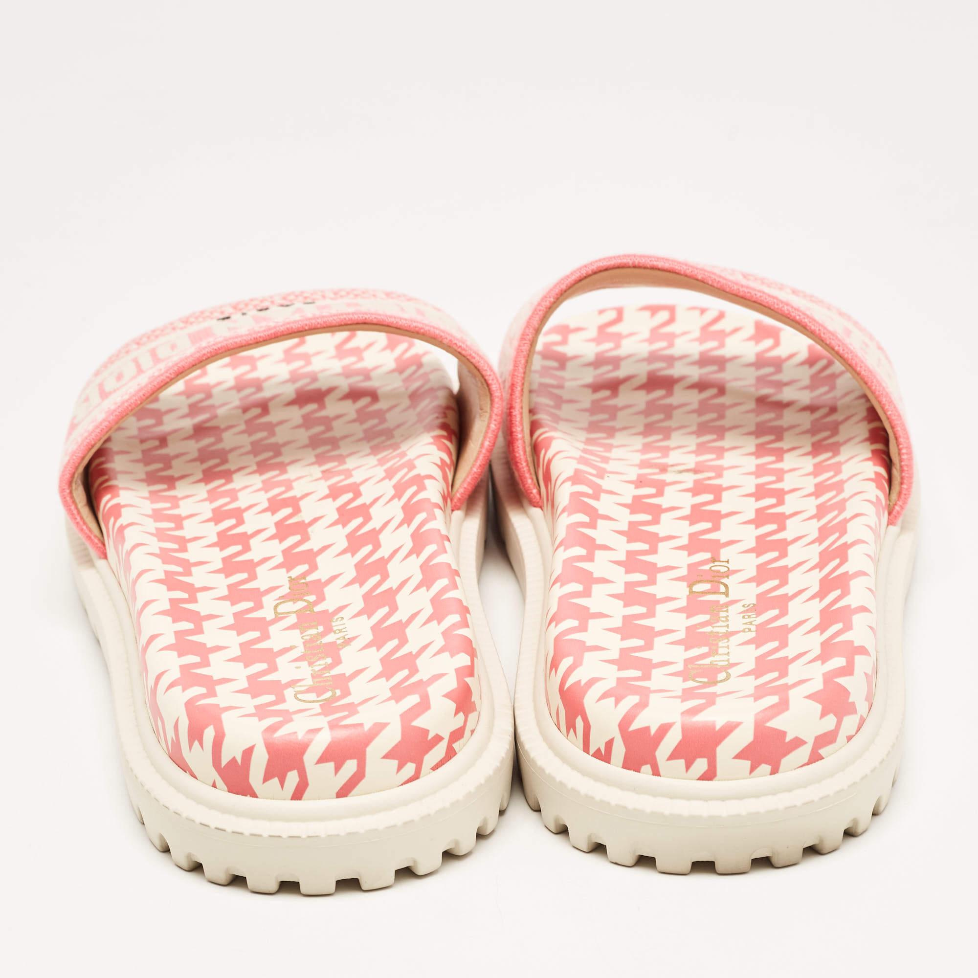 Dior Pink/White Logo Embroidered Canvas Houndstooth Dway Slides Size 38 3