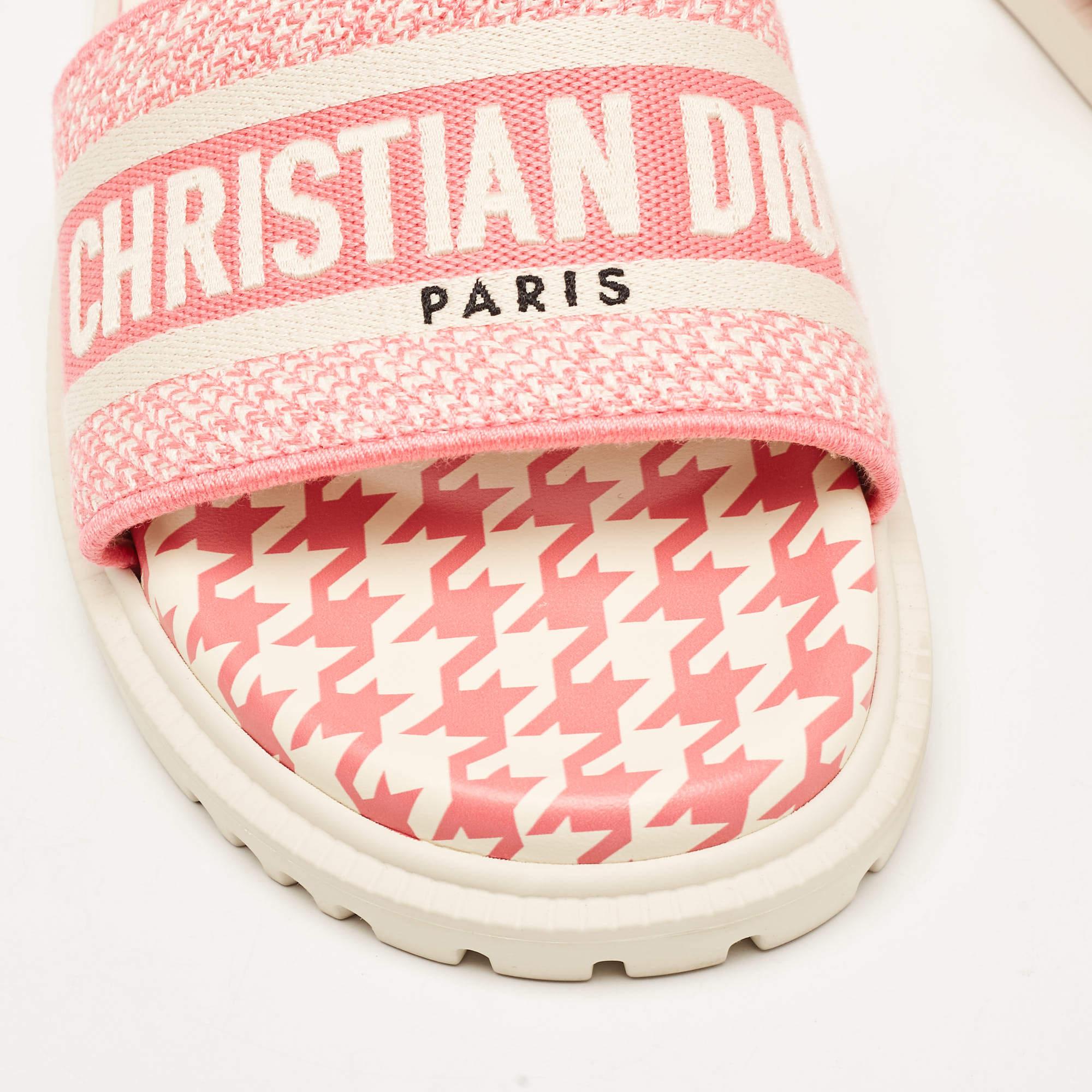 Dior Pink/White Logo Embroidered Canvas Houndstooth Dway Slides Size 38 4