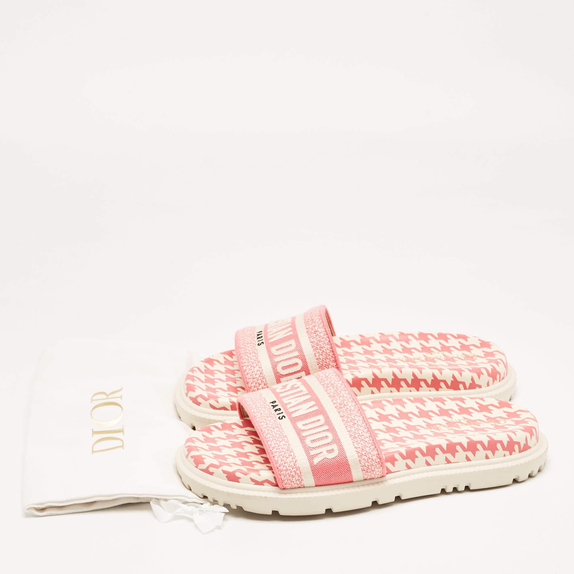 Dior Pink/White Logo Embroidered Canvas Houndstooth Dway Slides Size 38 5