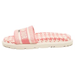 Dior Pink/White Logo Embroidered Canvas Houndstooth Dway Slides Size 38