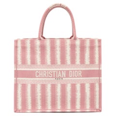 Used Dior Pink/White Oblique Embroidery Canvas D-Stripe Book Tote