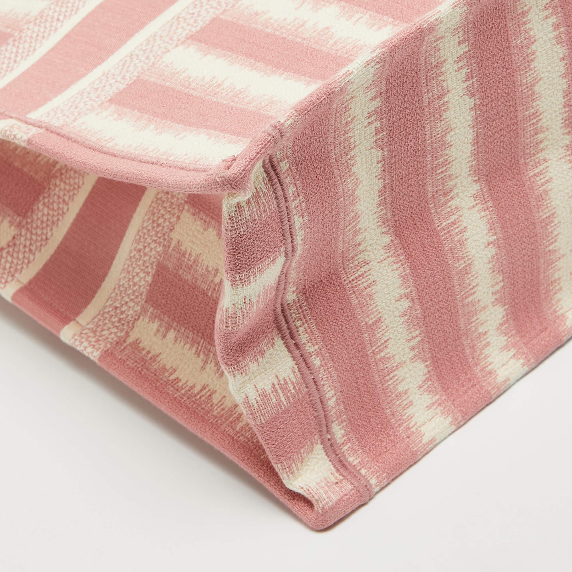 Dior Pink/White Stripe Embroidered Canvas Large Book Tote 5