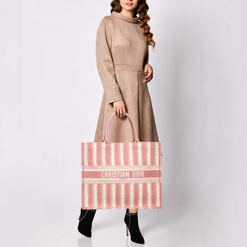 Beige Dior Pink/White Stripe Embroidered Canvas Large Book Tote