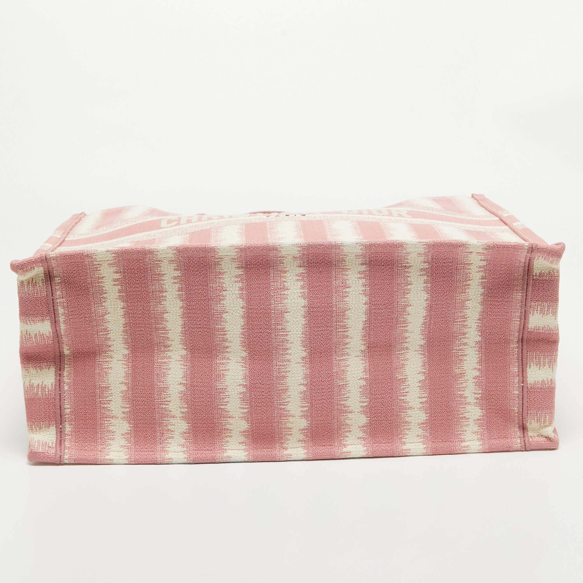 Dior Pink/White Stripe Embroidered Canvas Large Book Tote In Excellent Condition In Dubai, Al Qouz 2