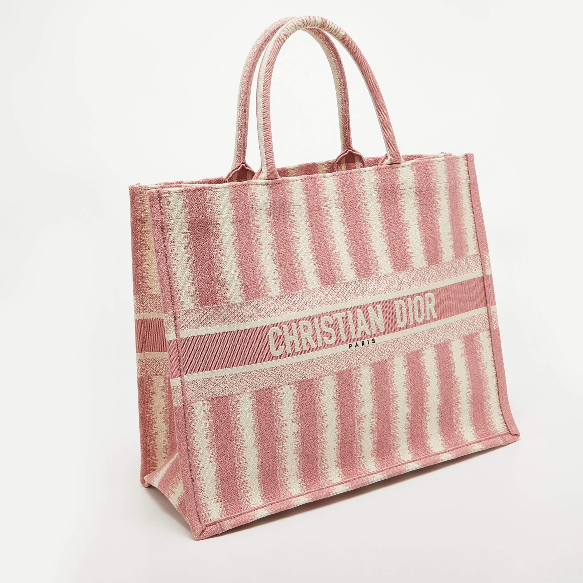 Women's Dior Pink/White Stripe Embroidered Canvas Large Book Tote