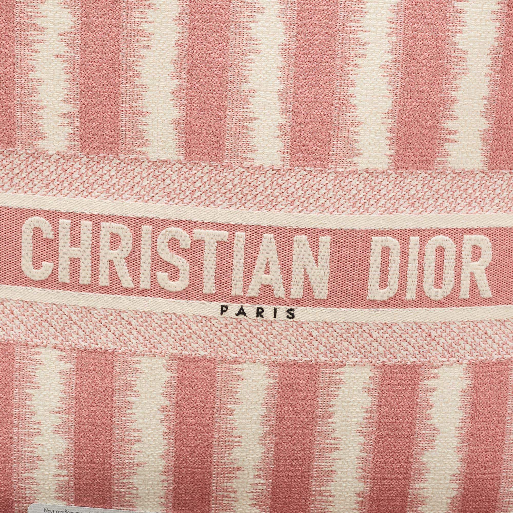 Dior Pink/White Stripe Embroidered Canvas Large Book Tote 3