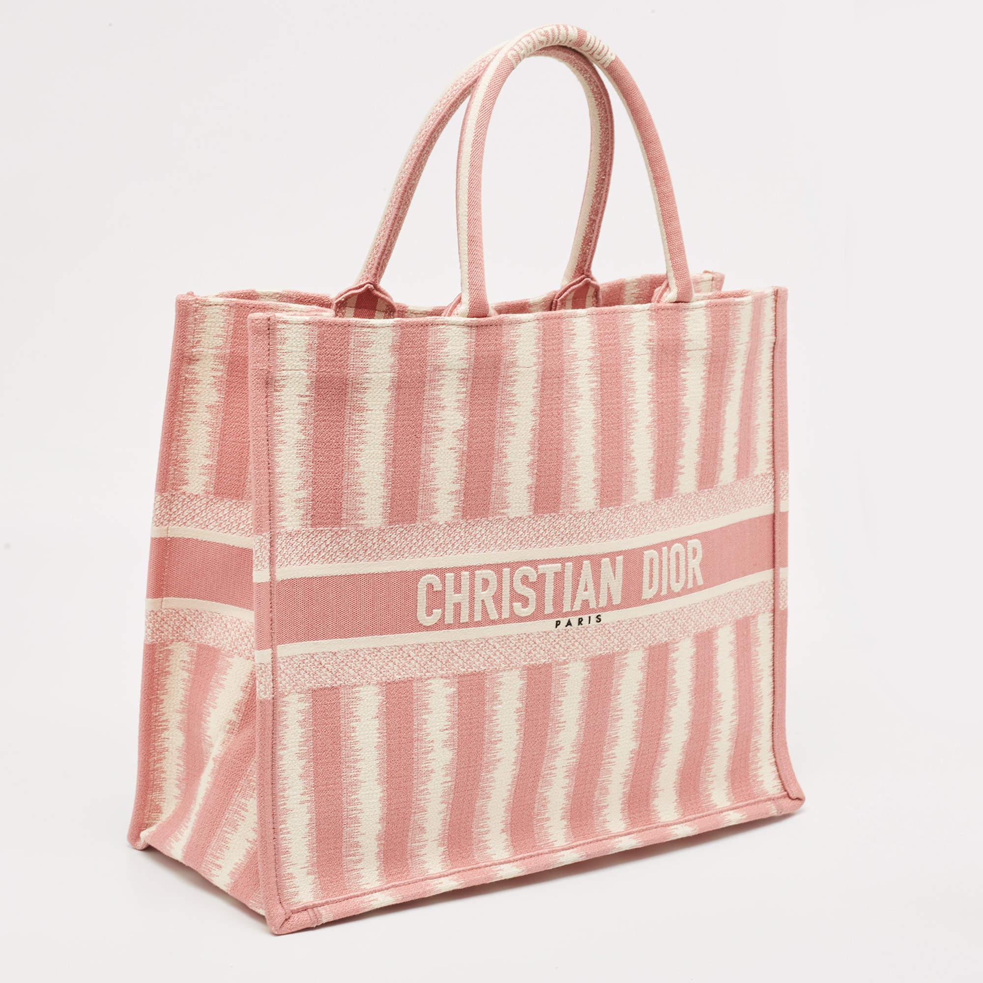 Dior Pink/White Stripe Embroidered Canvas Large Book Tote 4
