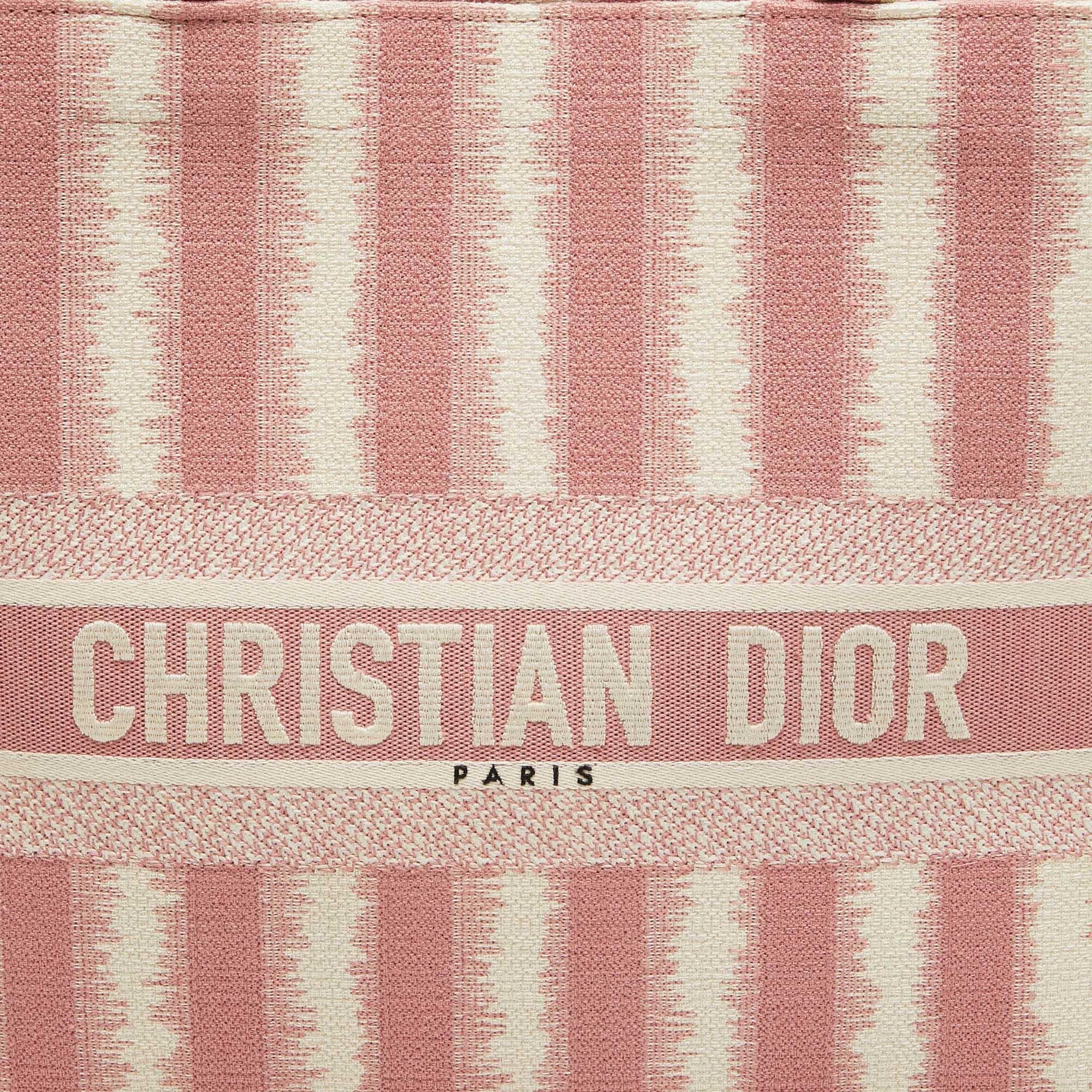 Dior Pink/White Stripe Embroidered Canvas Large Book Tote 4