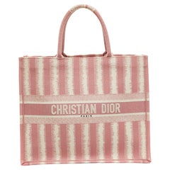 Dior Pink/White Stripe Embroidered Canvas Large Book Tote