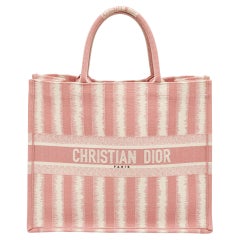 Used Dior Pink/White Stripe Embroidered Canvas Large Book Tote