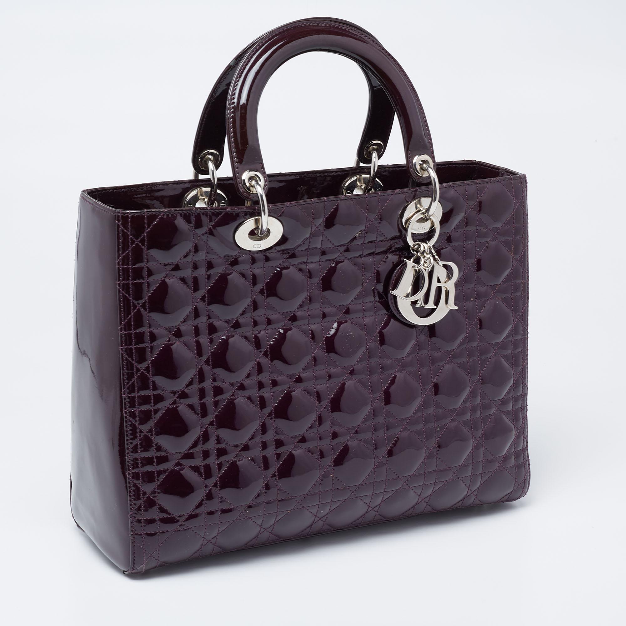 Dior Plum Cannage Patent Leather Large Lady Dior Tote In Good Condition In Dubai, Al Qouz 2