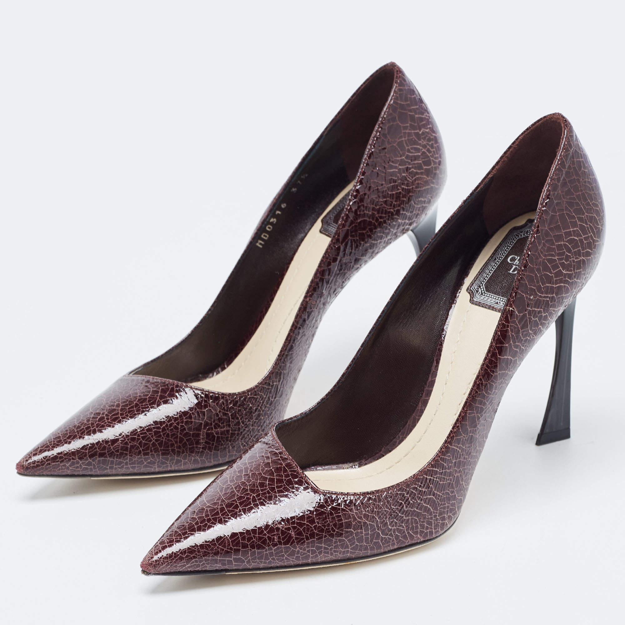 Dior Plum Crackled Patent Leather Curve Heel Pumps Size 37.5 For Sale 1