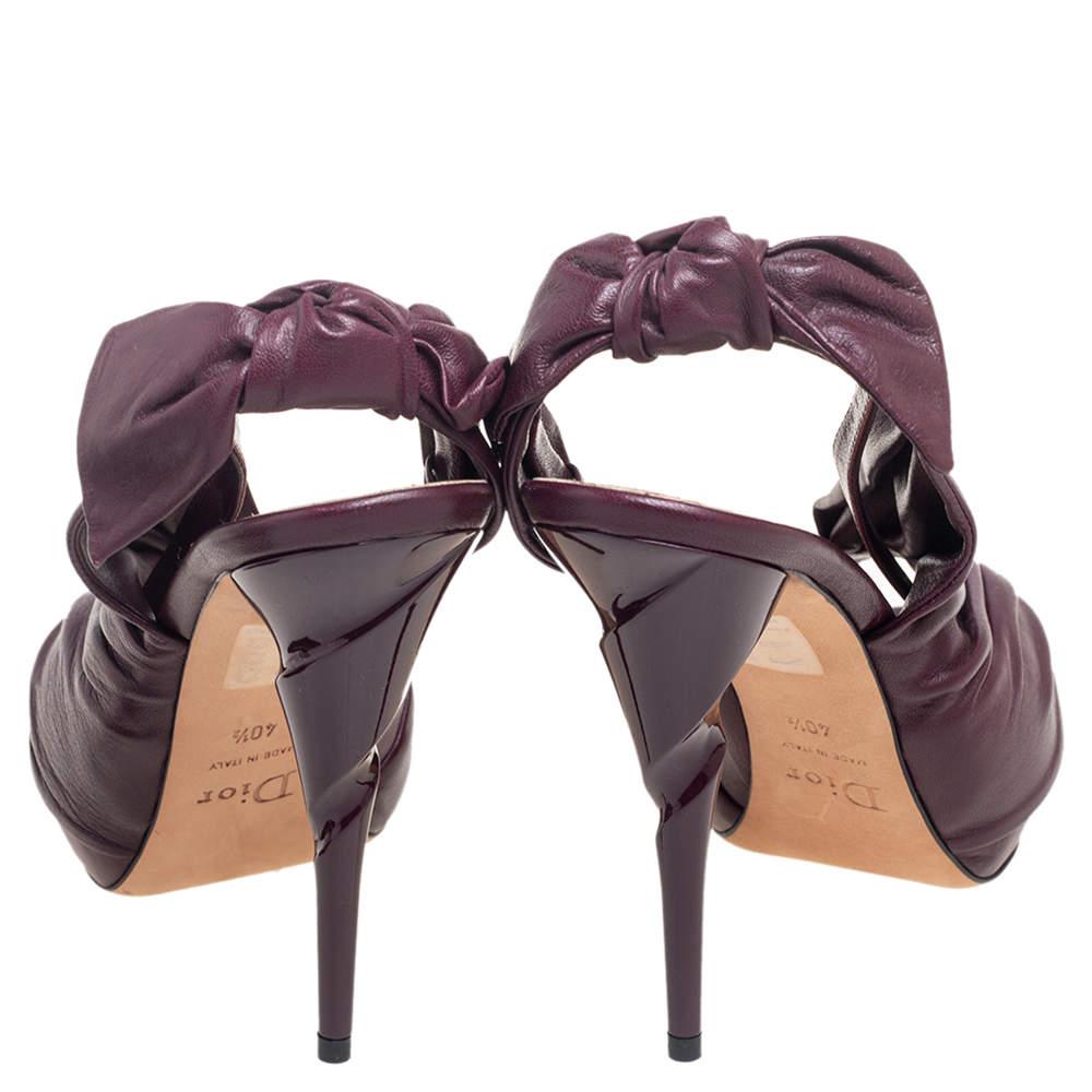 Black Dior Plum Pleated Leather Peep-Toe D'orsay Bow Slingback Sandals Size 40.5 For Sale