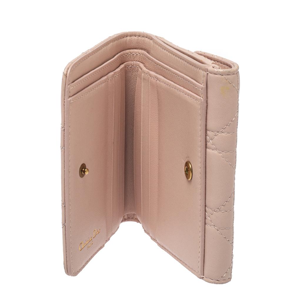 Beige Dior Powder Pink Cannage Leather Dioraddict French Wallet