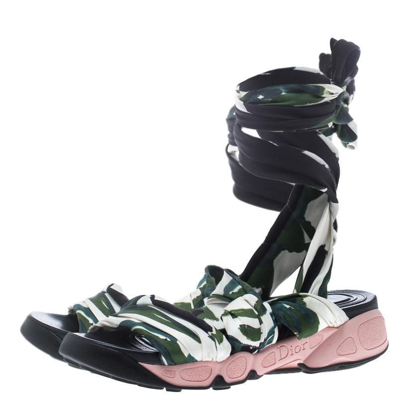 Women's Dior Printed Satin Brooklyn Wrap Around Sandals Size 38