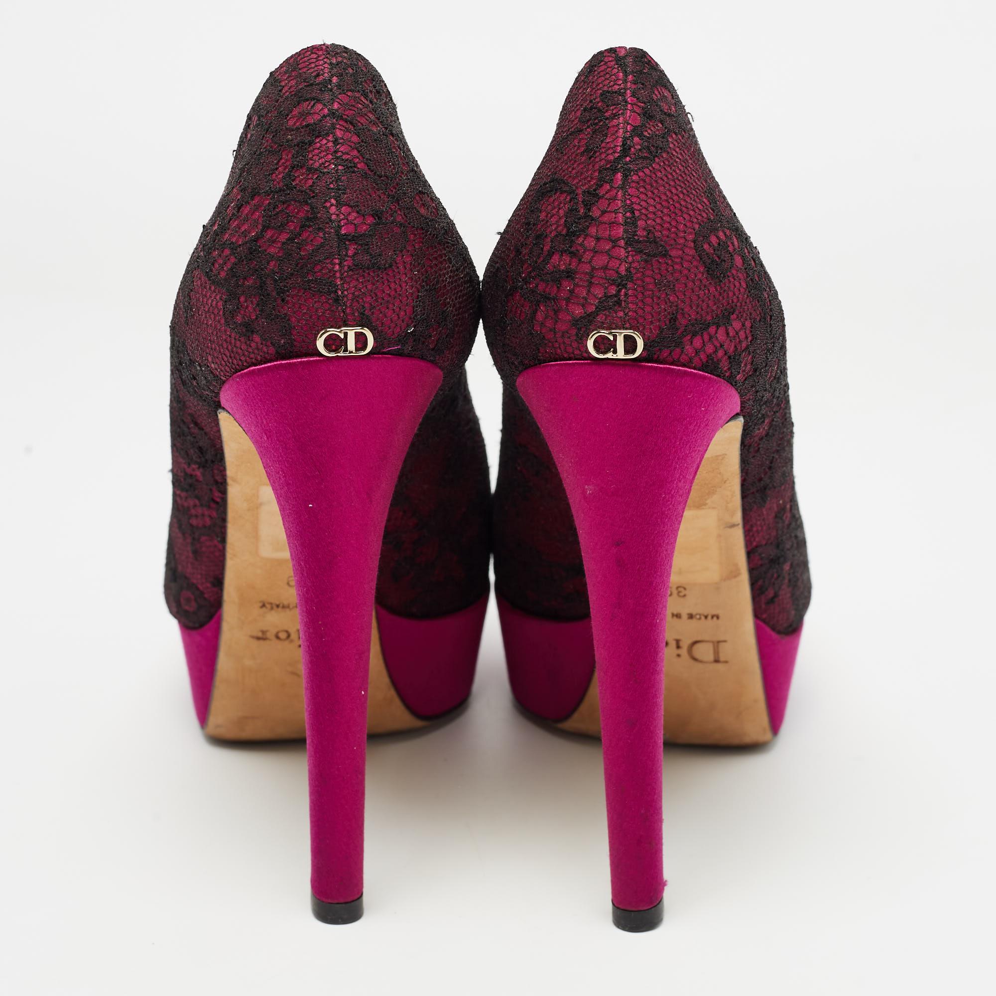 De las mujeres Bombas de plataforma con puntera abierta de satén y encaje morado/negro Dior talla 39 en venta