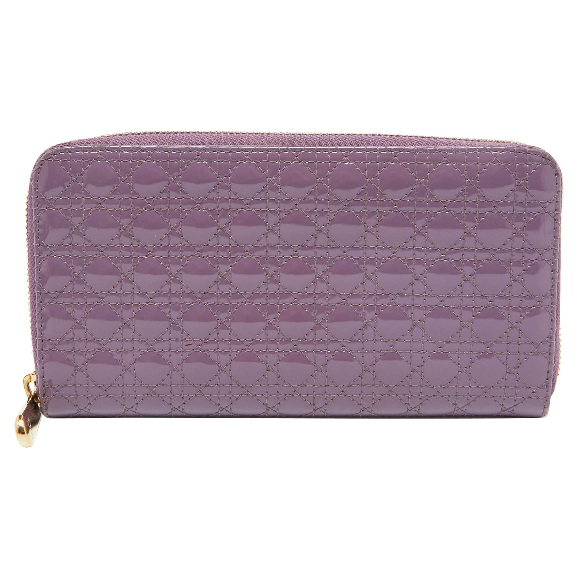 Dior Purple Cannage Patent Leather Lady Dior Zip Around Wallet