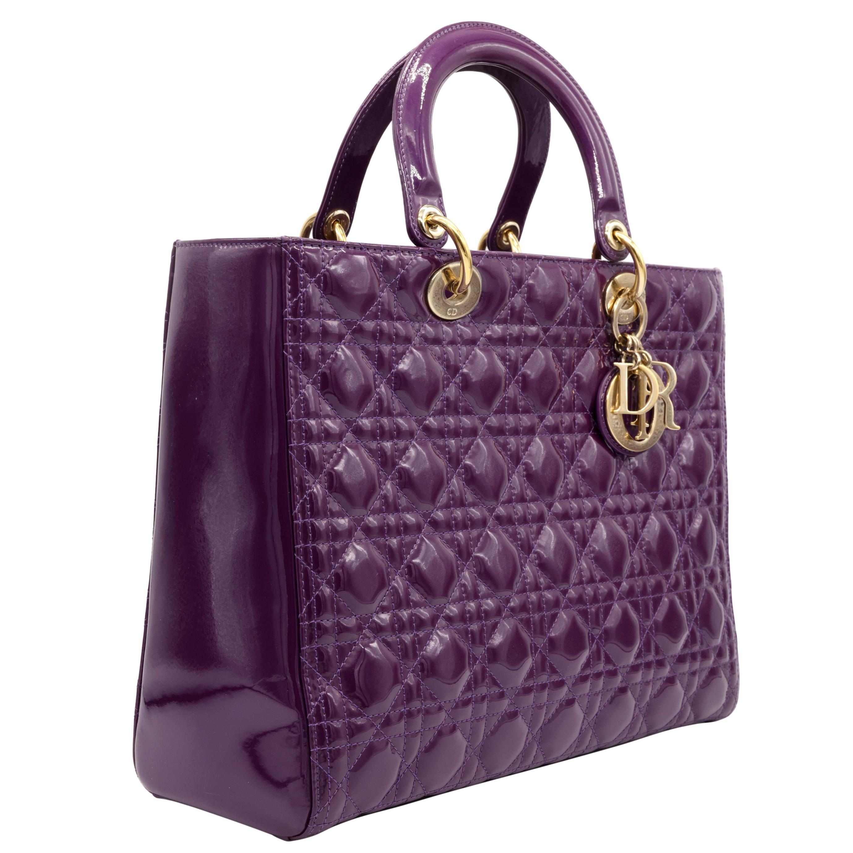 Dior Purple Cannage Patent Leather Large Lady Dior Tote Shoulder Bag. First introduced in 1994 as the 