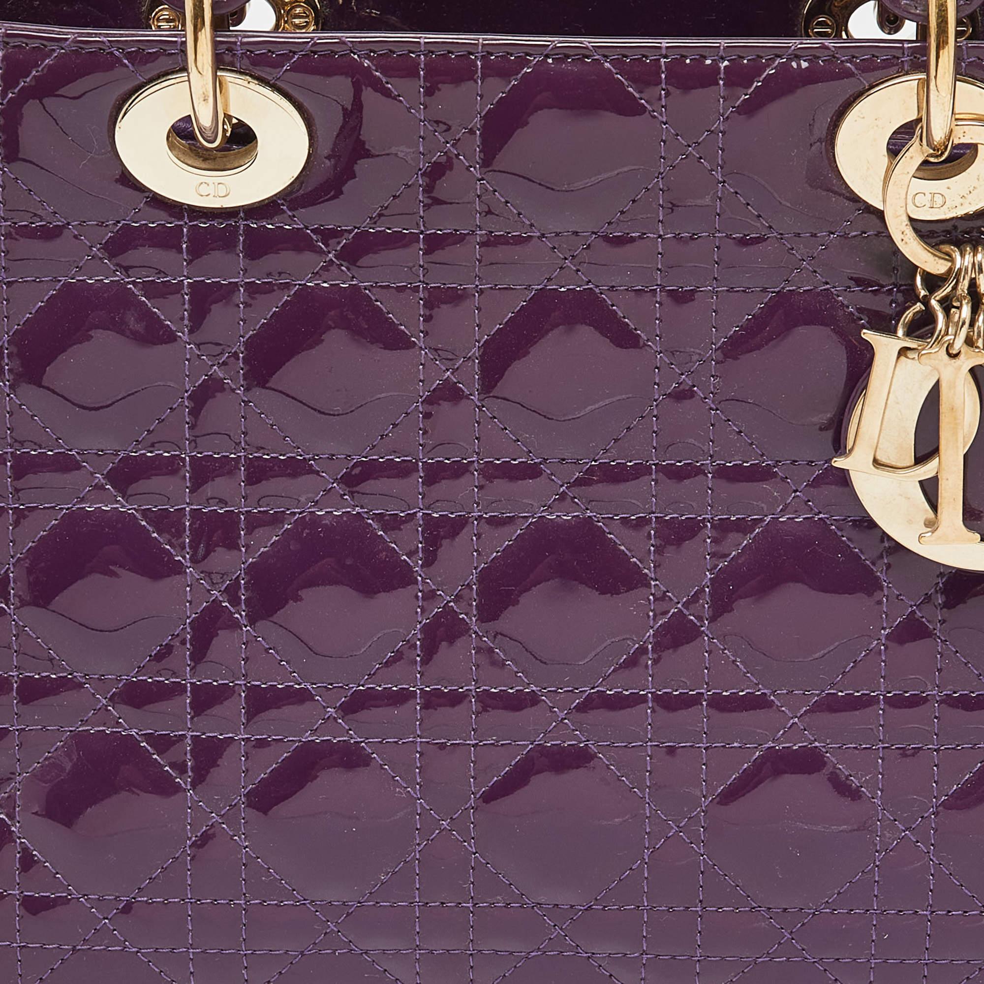 Dior Purple Cannage Patent Leather Medium Lady Dior Tote In Good Condition In Dubai, Al Qouz 2