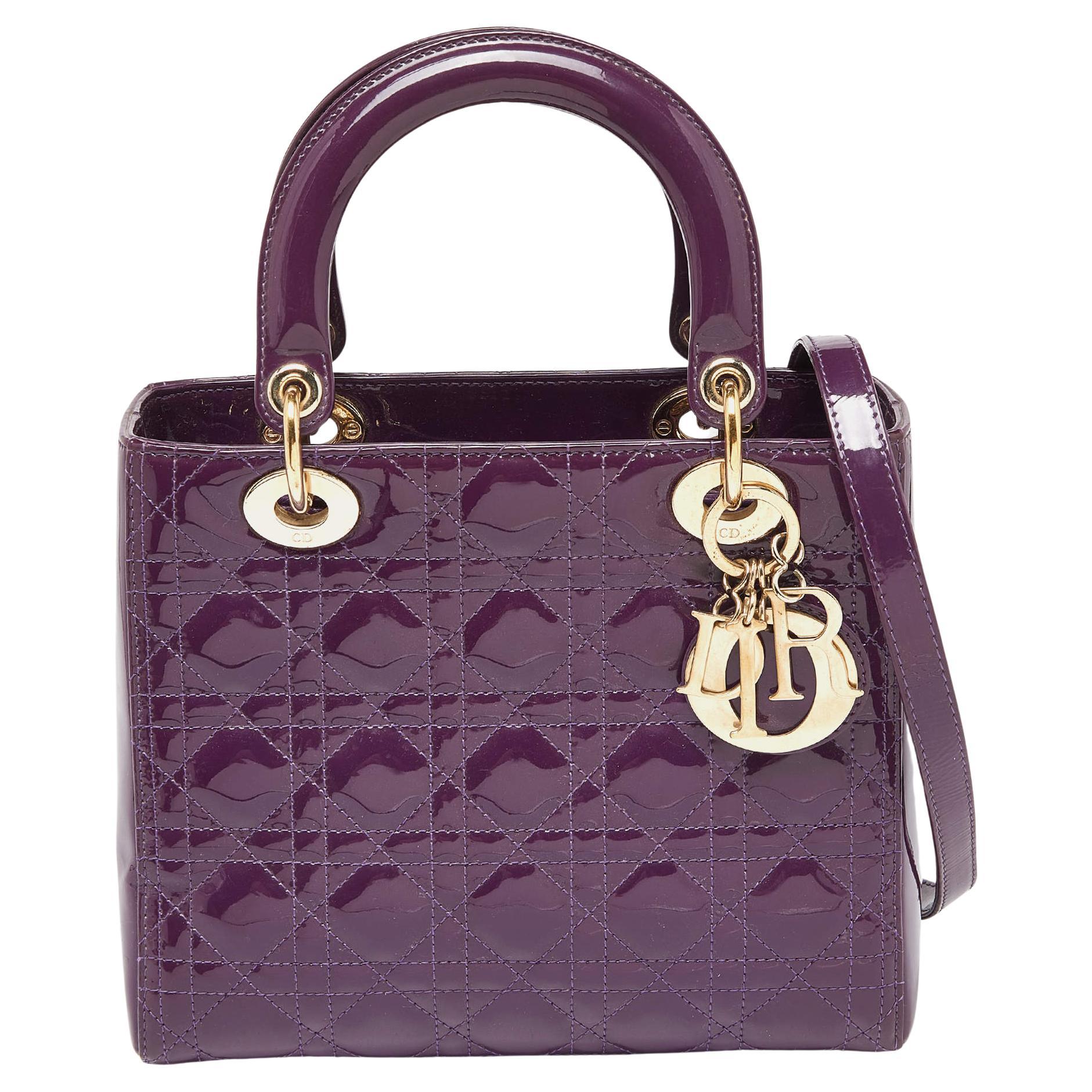 Dior Purple Cannage Patent Leather Medium Lady Dior Tote