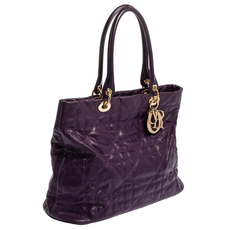 Black Dior Purple Cannage Quilted Coated Canvas and Leather Lady Dior Tote