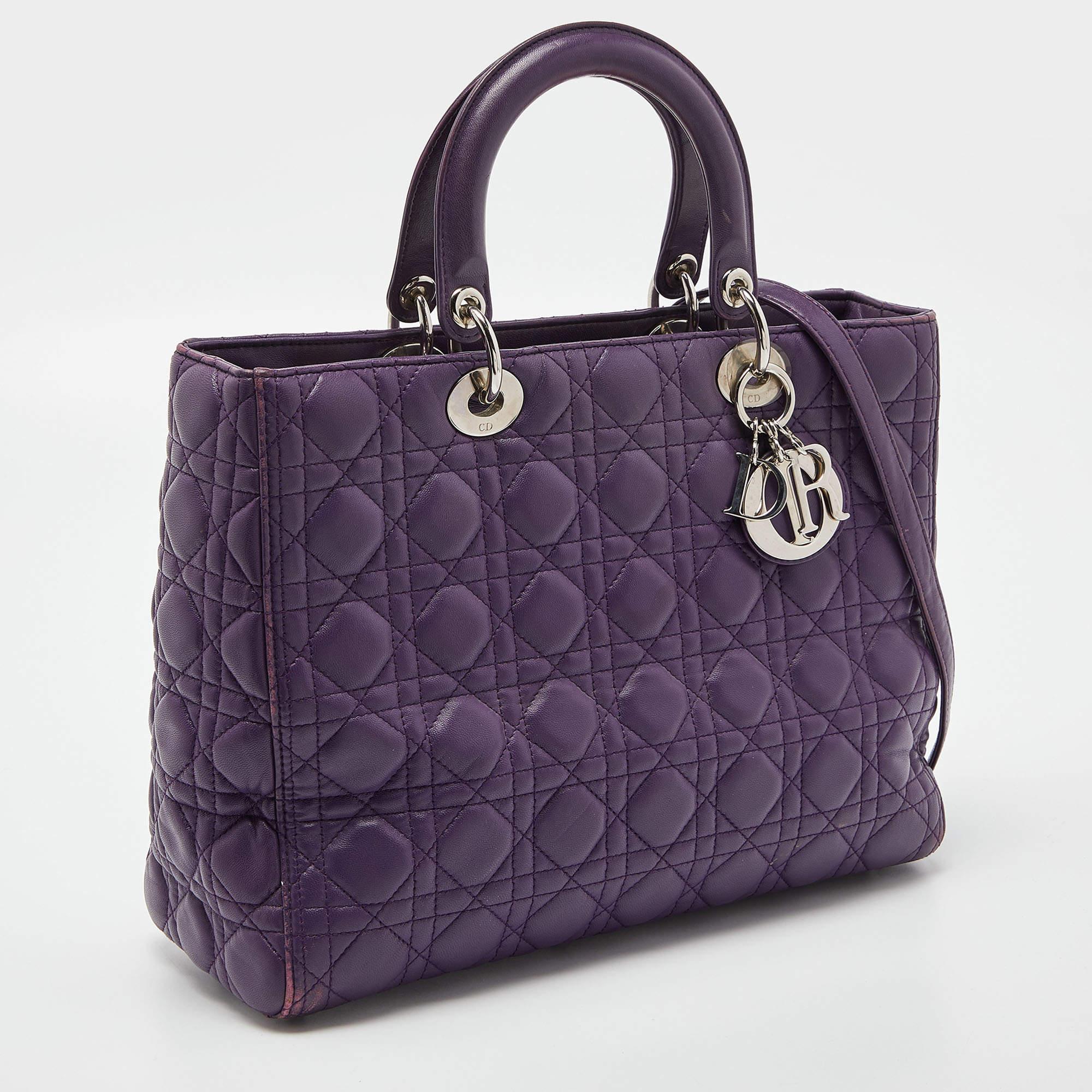 Dior Purple Cannage Soft Leather Large Lady Dior Tote In Good Condition In Dubai, Al Qouz 2