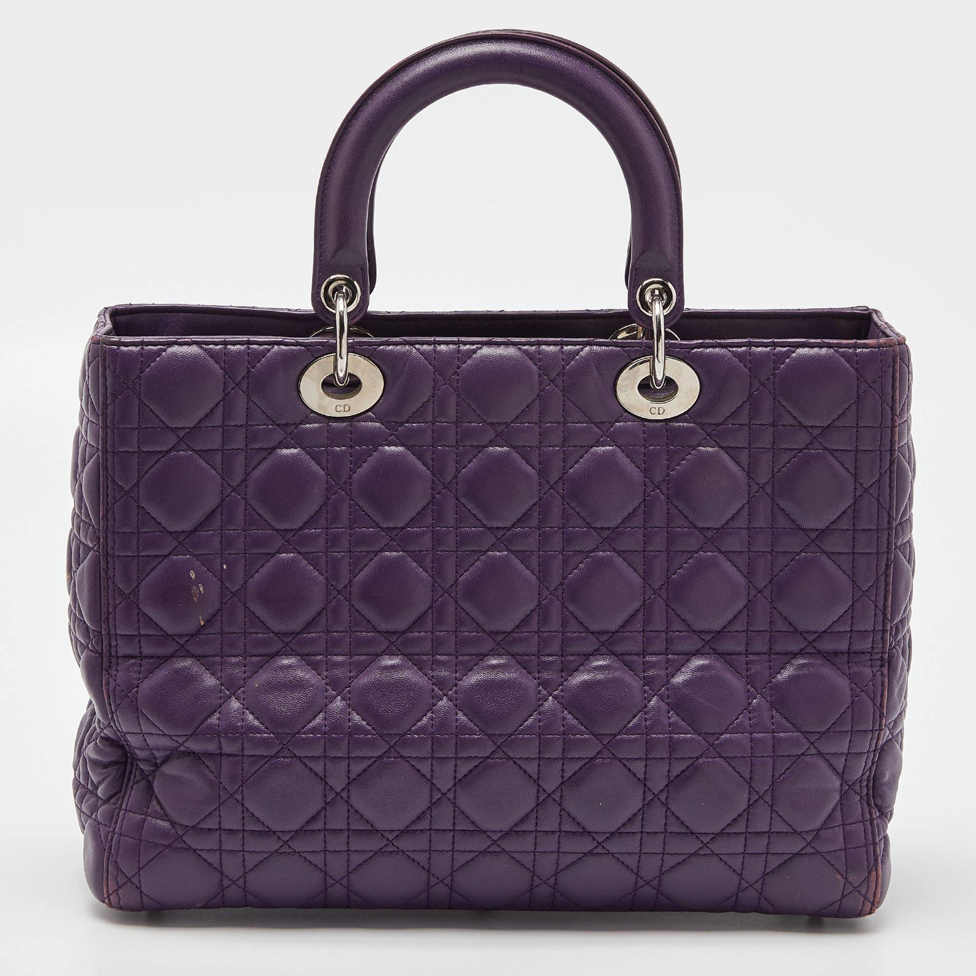 Women's Dior Purple Cannage Soft Leather Large Lady Dior Tote