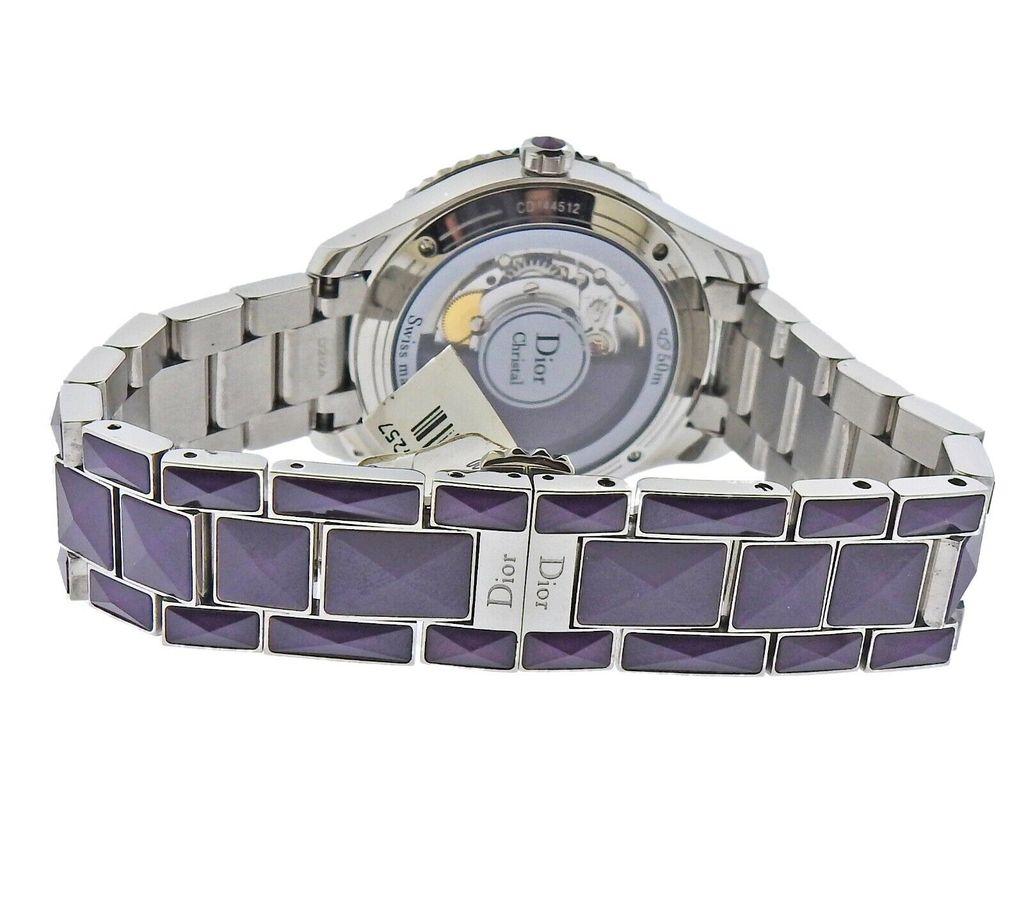 Ceramic Stainless Steel diamond ladies automatic watch made by Dior. Case 38mm, purple crystal and steel band will fit up to 8