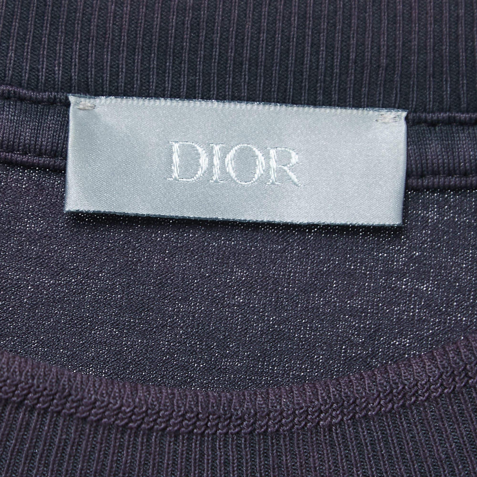 Dior Purple Cotton Embroidered Crewneck T-Shirt L Bon état - En vente à Dubai, Al Qouz 2