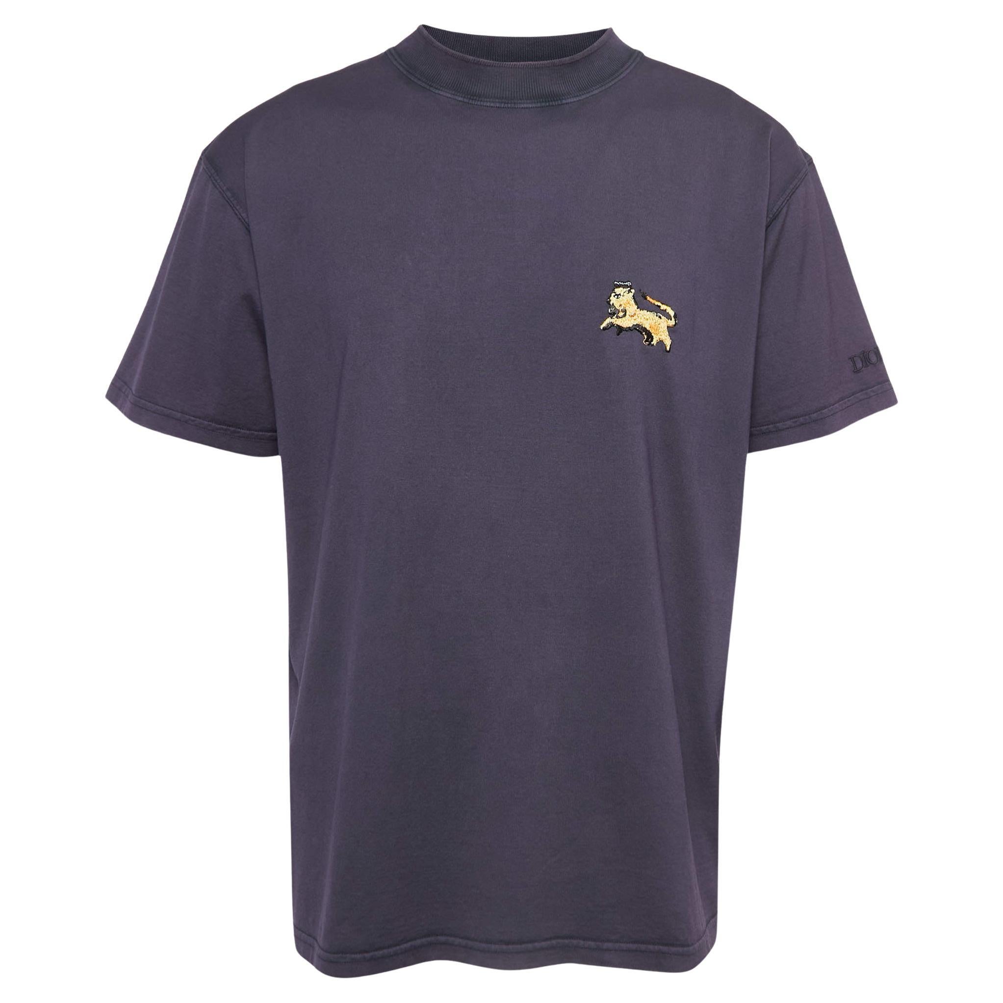 Dior Purple Cotton Embroidered Crewneck T-Shirt L For Sale