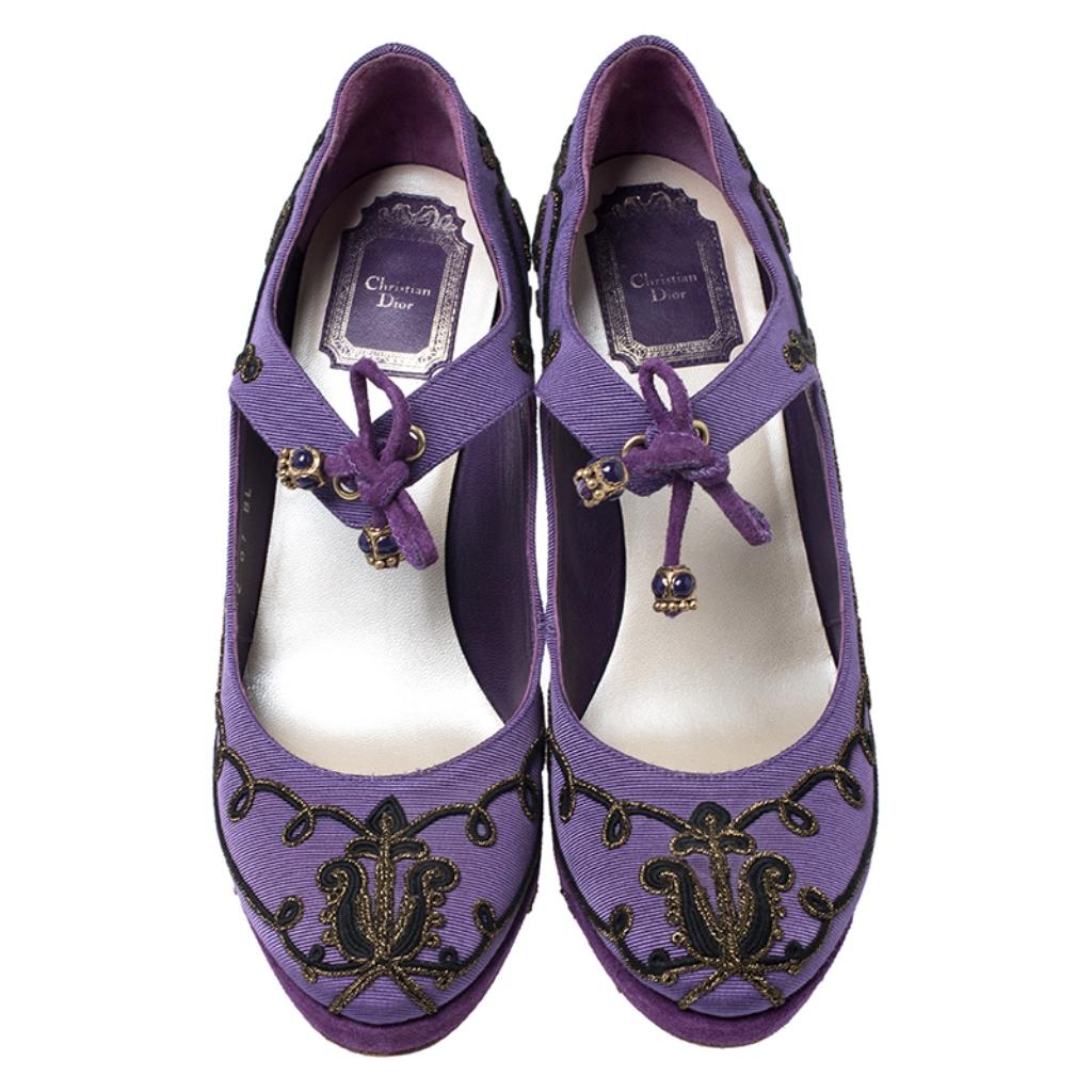 Black Dior Purple Embroidered Canvas And Suede Platform Pumps Size 38